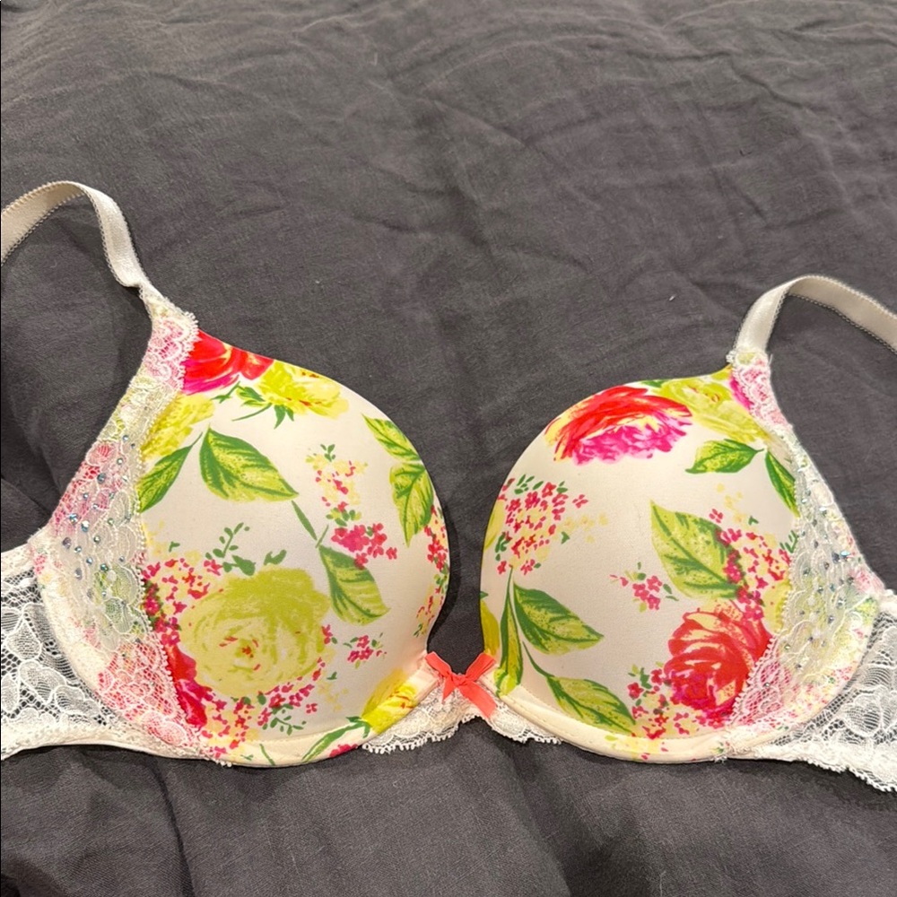 Floral Lace Trim Bra - Multicolor